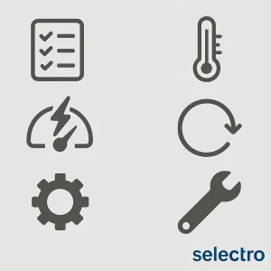 ویژگی های کلیدی پمپ هیدرولیک رکسروت Bosch Rexroth شامل دقت ساخت، دوام بالا، راندمان انرژی و سهولت نگهداری، با لوگوی برند selectro سلکترو