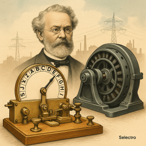 پرتره ورنر فون زیمنس در کنار نخستین تلگراف سوزنی اختراع شده در سال 1847، نماد آغاز نوآوری و تولد برند زیمنس (SIEMENS) در برلین – شروع عصر الکتریسیته مدرن و فناوری آلمانی