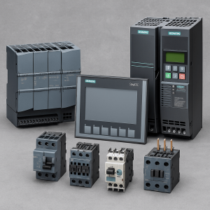 نمای نزدیک از تجهیزات صنعتی زیمنس (SIEMENS) شامل PLC، درایو SINAMICS و تابلو برق هوشمند، مورد استفاده در کارخانه های فولاد و پتروشیمی ایران – نماد کیفیت آلمانی و فناوری پیشرفته با تأمین سلکترو