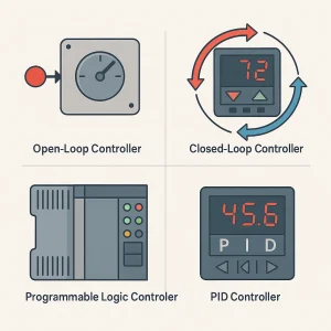 تصویر واقعی انواع کنترلر های صنعتی شامل PLC، PID و حلقه باز و بسته در محیط کارخانه مدرن؛ نمایش تجهیزات اتوماسیون با طراحی صنعتی و برند Selectro برای کنترل دقیق فرآیندهای تولید.