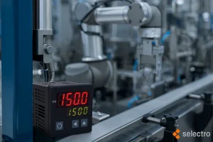 عکس واقعی کنترلر صنعتی PID در خط تولید کارخانه، متصل به لوله ها و بازوی رباتیک؛ نمایش دقت و اتوماسیون پیشرفته برند Selectro