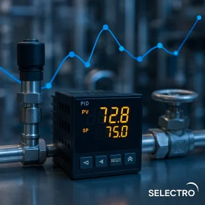 تصویر کنترلر صنعتی PID برند سلکترو در محیط کارخانه | عکس واقعی دستگاه کنترل دما و فشار با کیفیت بالا